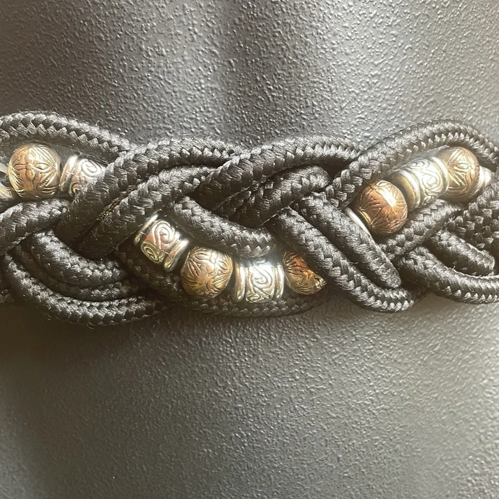 Vintage 90’s Black Braided Rope Belt w/ Silver & Bronze Etched Beads – 27”
